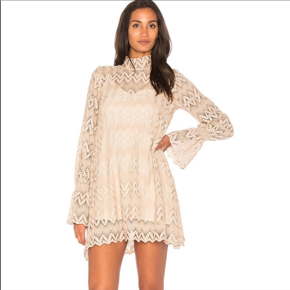 NEW Free People SIMONE Lace MINI DRESS Beige Gold